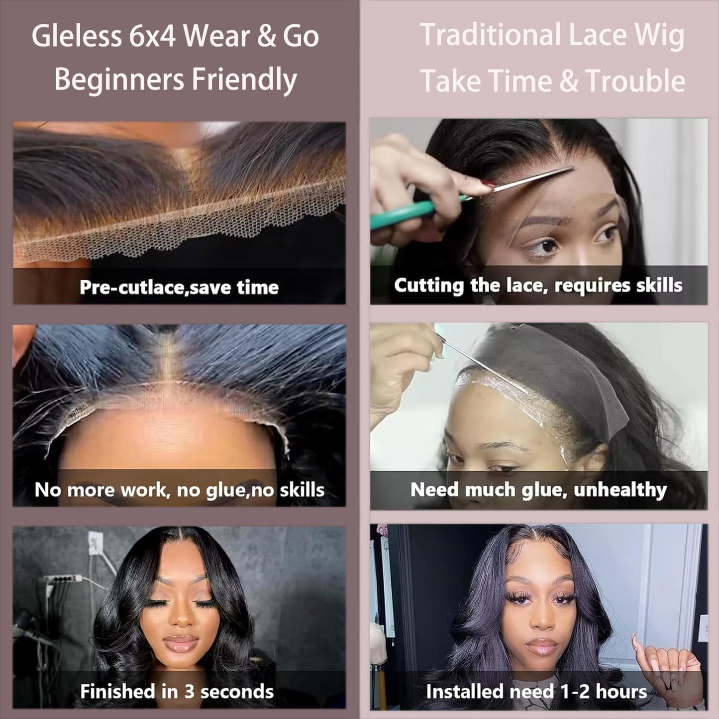 6x4 Wear and Go Glueless Body Wave, Straight Lace Closure Wigs 100% Human Hair