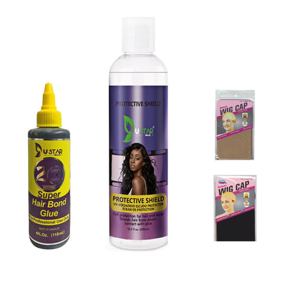 Quick Weave Essential kit,  Protective shield WITH  Hair Weft Bond Glue  and wig caps for Quick Weave installation