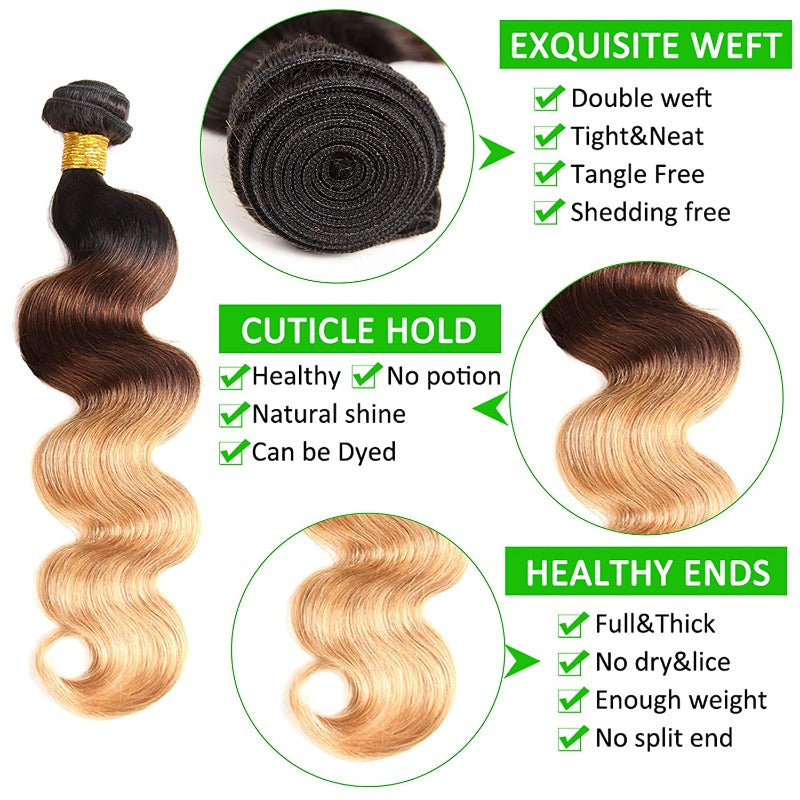 Ombre 1B/4/27 Body Wave 3 Bundles with Lace Closure 100% Virgin Human Hair
