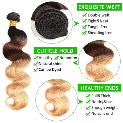 Ombre 1B/4/27 Body Wave 3 Bundles with Lace Closure 100% Virgin Human Hair
