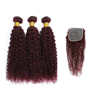 99J Burgundy 3 Bundles with 4x4 Lace Closure Jerry Curl 100% Unprocessed Virgin Hair