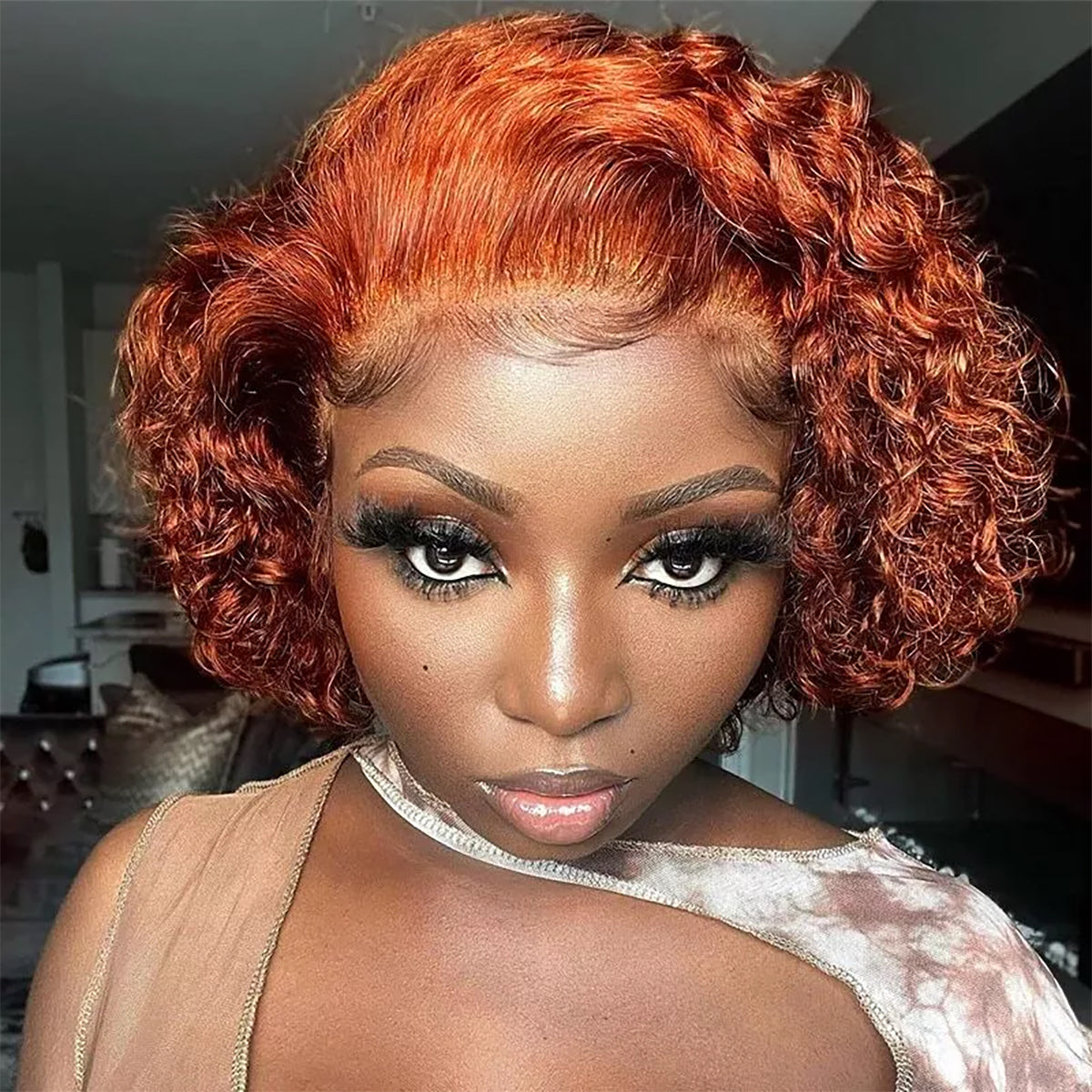 Orange Short Curly Bob Wig – 13x1 Lace Front 100% Human Hair