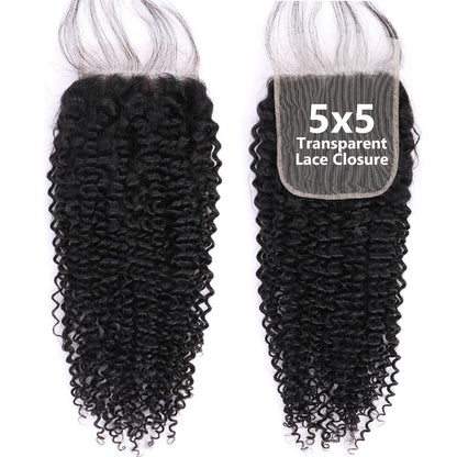 5x5 Transparent Lace Jerry Curl Lace Closure Brazilian Virgin Human Hair | Free Part, Bleached Knots