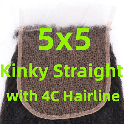 3 Bundles with 5x5 HD Lace Closure Kinky Straight 100% Virgin Human Hair