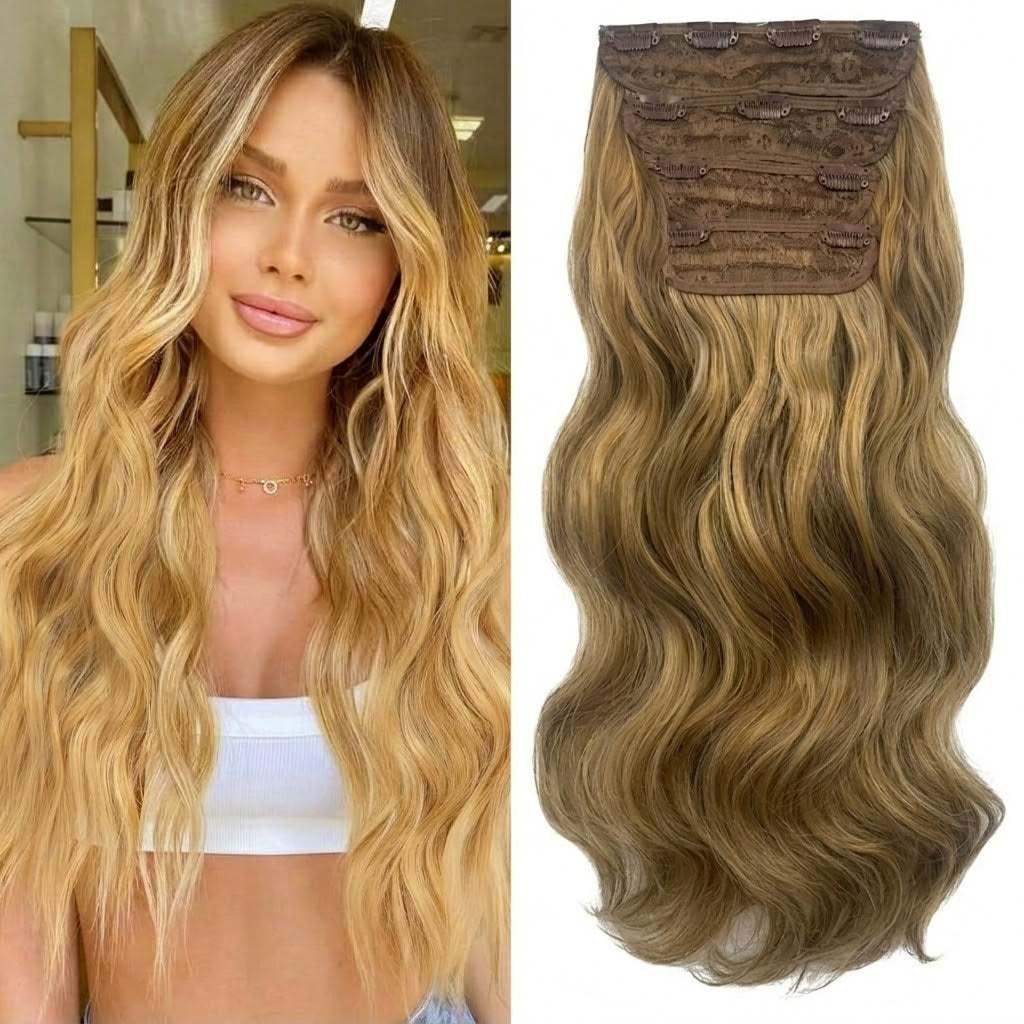 Clip in Long Wavy Synthetic Hair Extension 24 Inch 4PCS 220g Thick Hairpieces Fiber Double Weft Hair for Women – 23 Colors