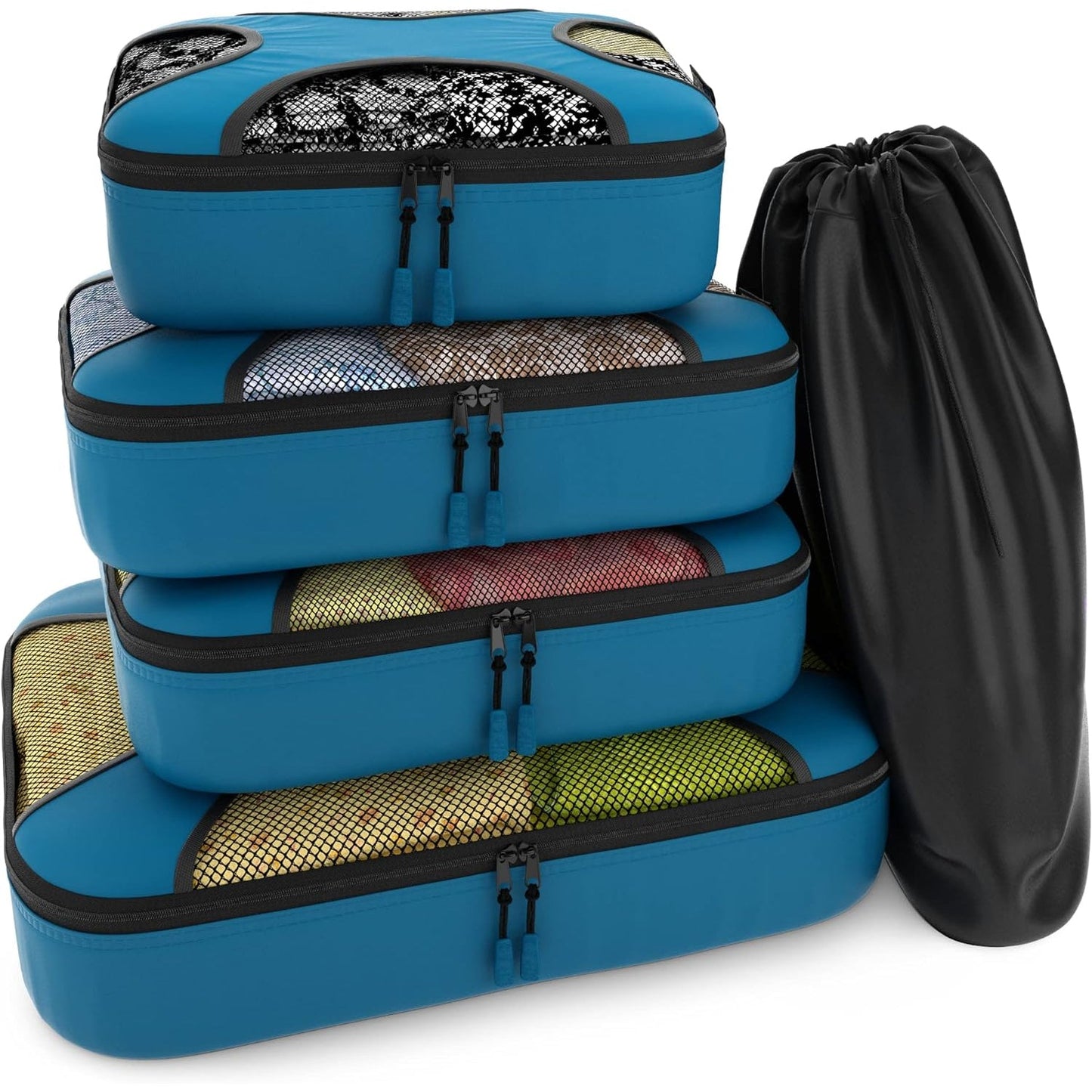Travel Gentlemen's Blue Mesh 5 Set Packing Cube Organizers With Laundry Bag