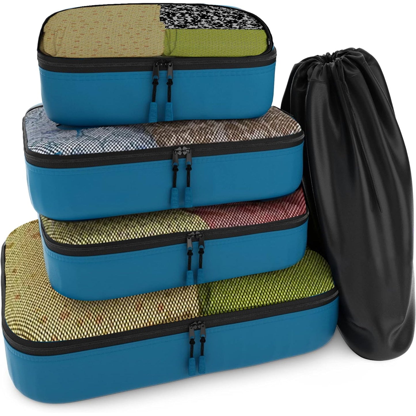 Travel Gentlemen's Blue Mesh 5 Set Packing Cube Organizers With Laundry Bag
