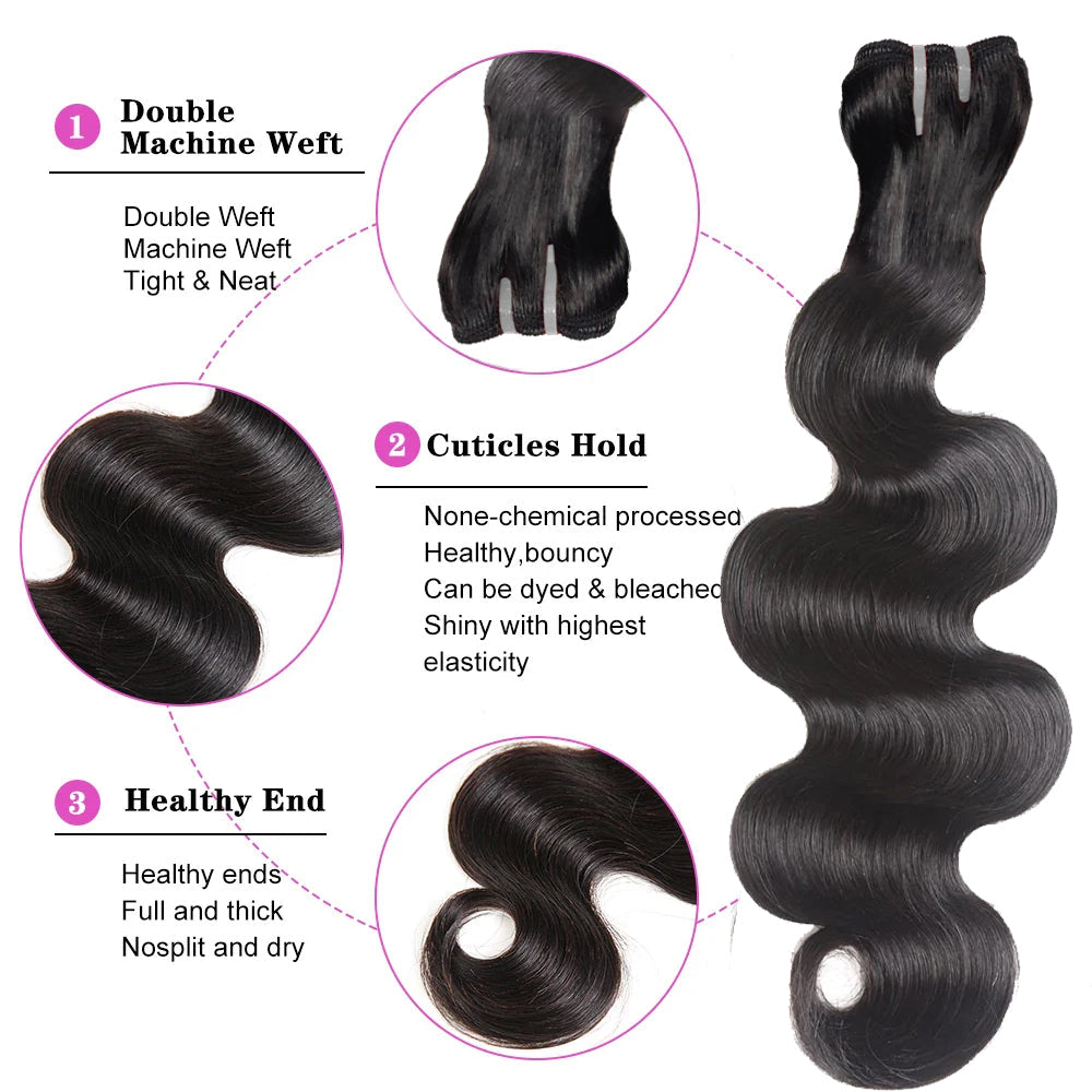 Double Drawn Indian Raw Hair Body Wave 100% Human Hair | Full End Unprocessed Natural Black 14"-30" Cuticle Aligned Bundles