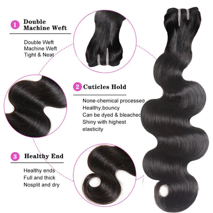 Double Drawn Indian Raw Hair Body Wave 100% Human Hair | Full End Unprocessed Natural Black 14"-30" Cuticle Aligned Bundles