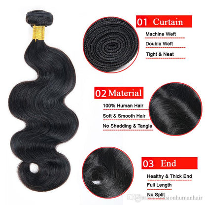 12A Premium Indian Body Wave Hair Bundles – Natural Black Unprocessed Human Hair Extensions | Machine Double Weft 10"-30"