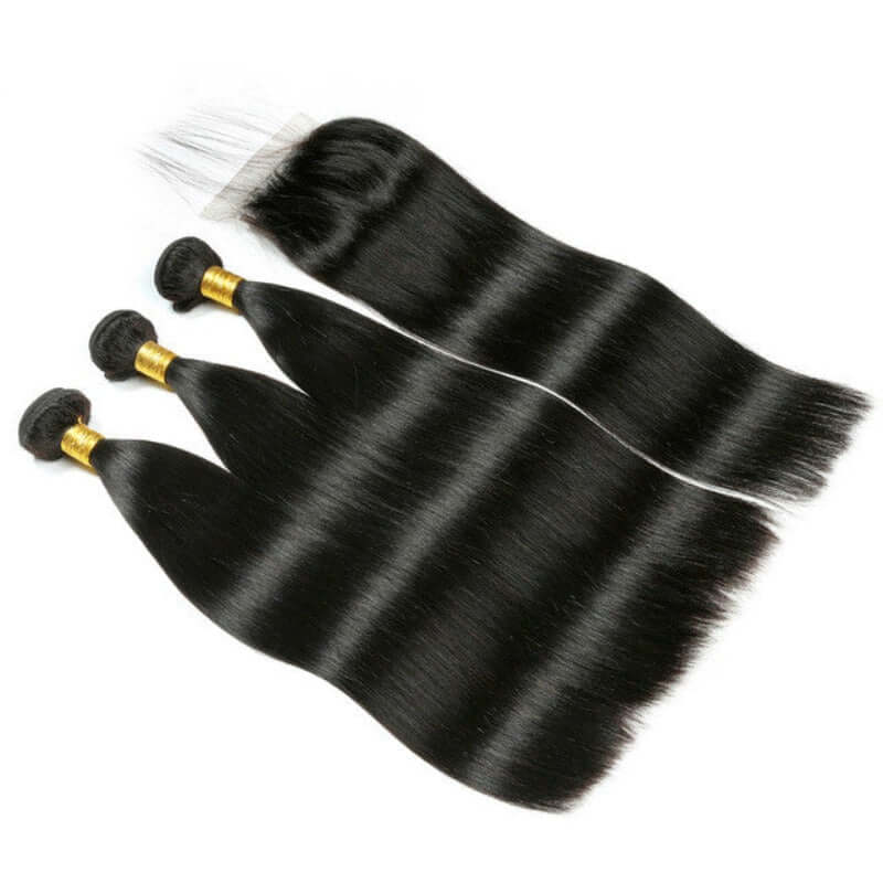 Ustar 7A Natural Black Virgin Straigh Hair 3 Bundles with 4 by 4 Lace Closure