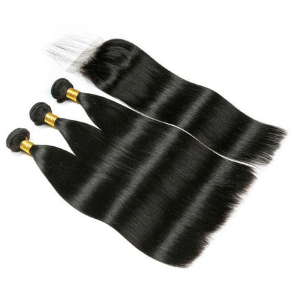 Ustar 7A Natural Black Virgin Straigh Hair 3 Bundles with 4 by 4 Lace Closure