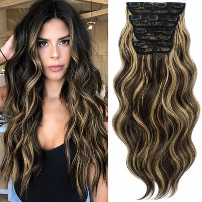 Clip in Long Wavy Synthetic Hair Extension 24 Inch 4PCS 220g Thick Hairpieces Fiber Double Weft Hair for Women – 23 Colors