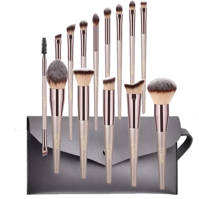 BESTOPE 14 Pcs Makeup Brushes with Case Bag Champagne Gold