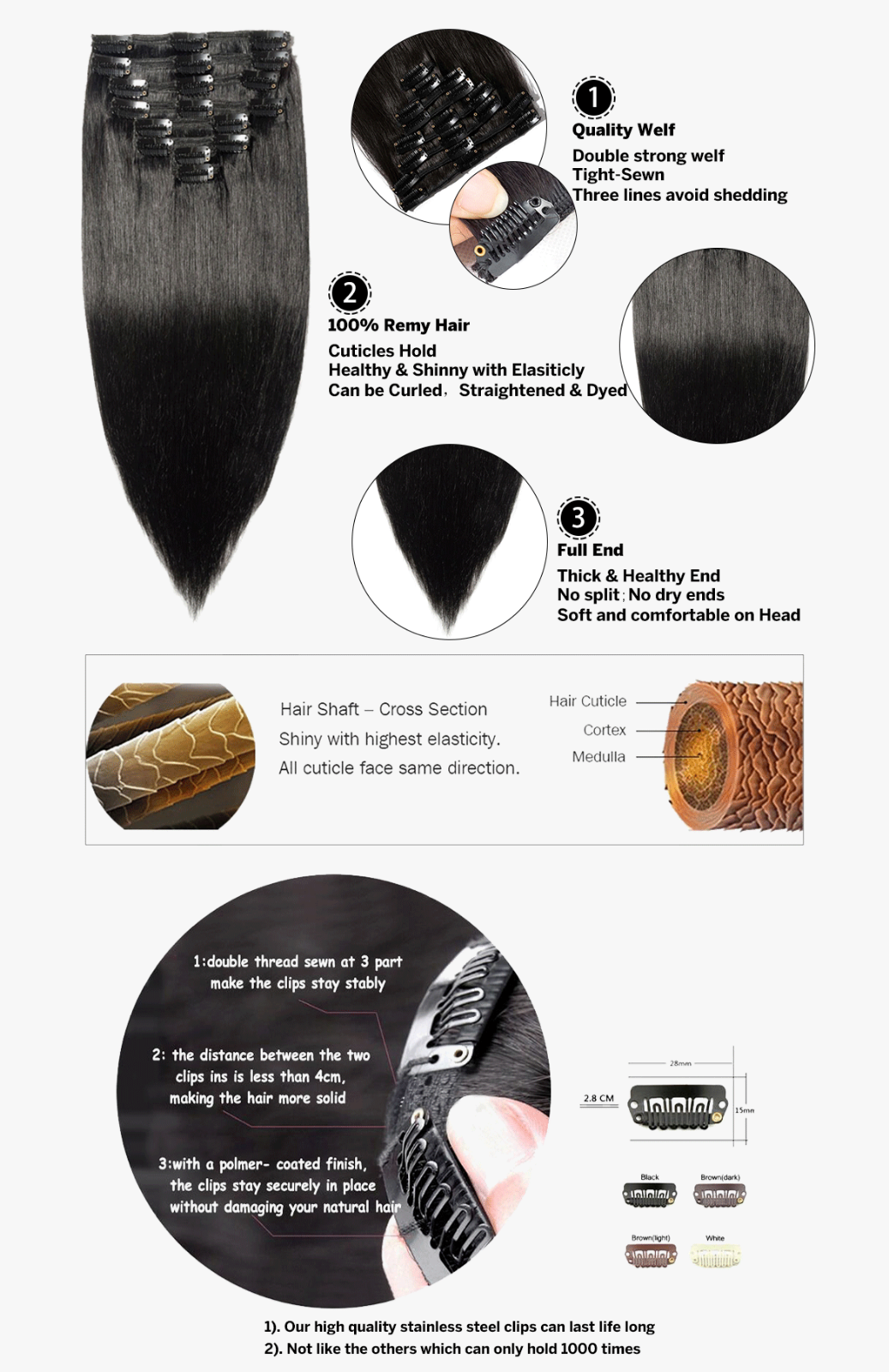 Clip In Premium Hair Extensions Straight High Quality 100% Human Hair – Natural Black, Heat Styleable, Easy Clip-In