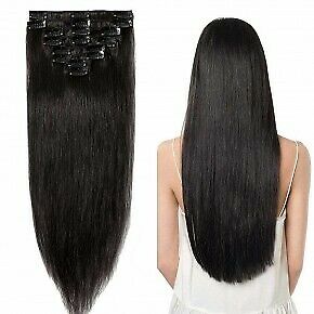 Clip In Premium Hair Extensions Straight High Quality 100% Human Hair – Natural Black, Heat Styleable, Easy Clip-In