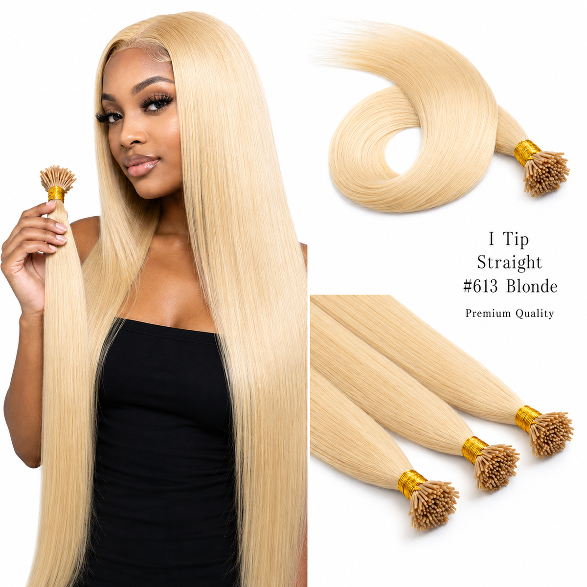 Extensiones de cabello I-Tip rubio #613, calidad premium, 100 mechones, 100% cabello humano – pre-adheridas, 18"-24" Imagen principal del producto