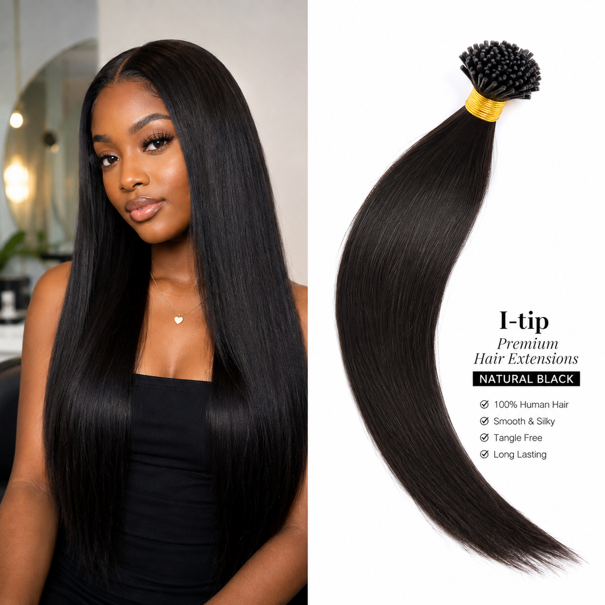 Extensiones de cabello premium I-tip, negro natural, liso, ondas profundas, afro liso – 100% cabello humano, preadheridas Imagen principal del producto