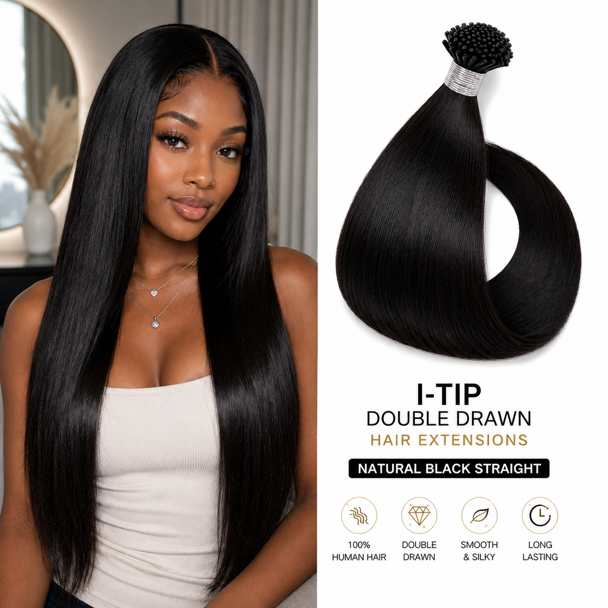 Extensiones de cabello I-tip de doble estirado, negro natural, liso – 100% cabello humano, más lleno y grueso, 18"-24" Imagen principal del producto