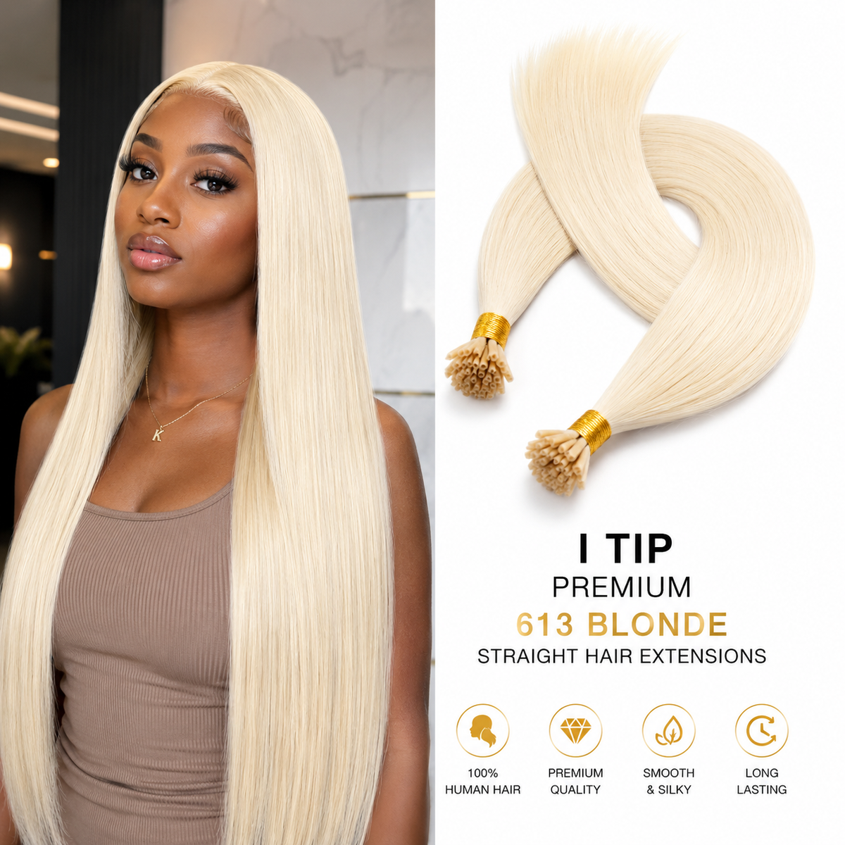 Extensiones de cabello liso rubio 613 I-Tip de calidad, 100% cabello humano – Pre-adheridas, 18"-24", teñibles Imagen principal del producto