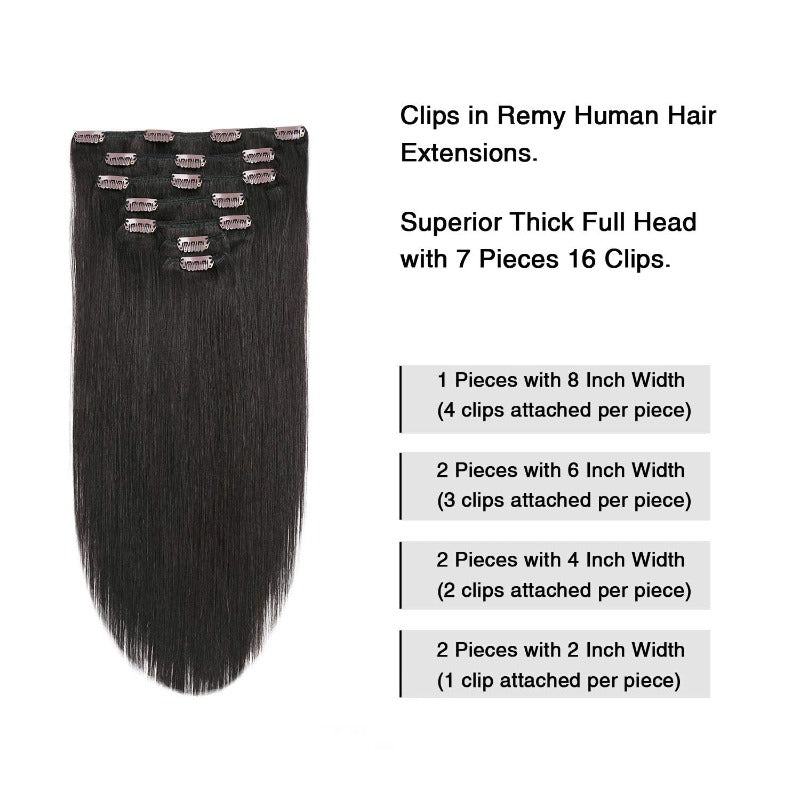 Clip In Premium Hair Extensions 100% Human Hair Raw Quality Hair Natural Black Color Straight, Body Wave, Deep Wave – Seamless Blend