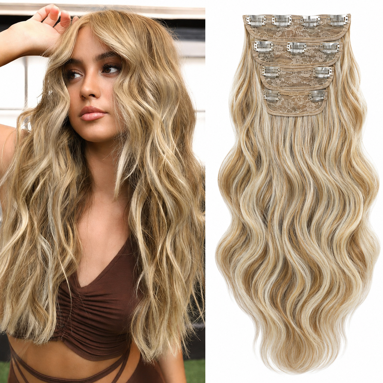 Clip in Long Wavy Synthetic Hair Extension 20 Inch 4PCS 180g Thick Hairpieces Fiber Double Weft Hair for Women – 23 Colors