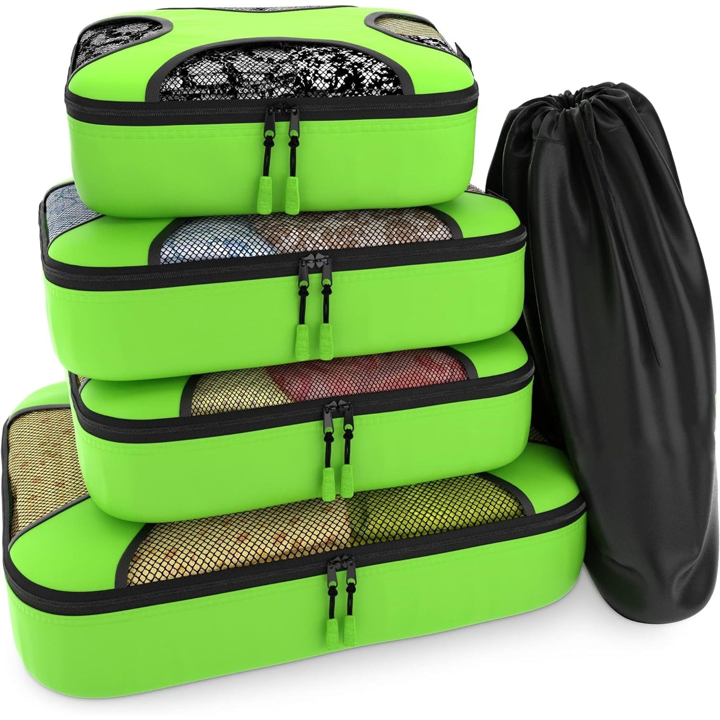 Travel Green Mesh 5 Set Packing Cube Organizers With Laundry Bag