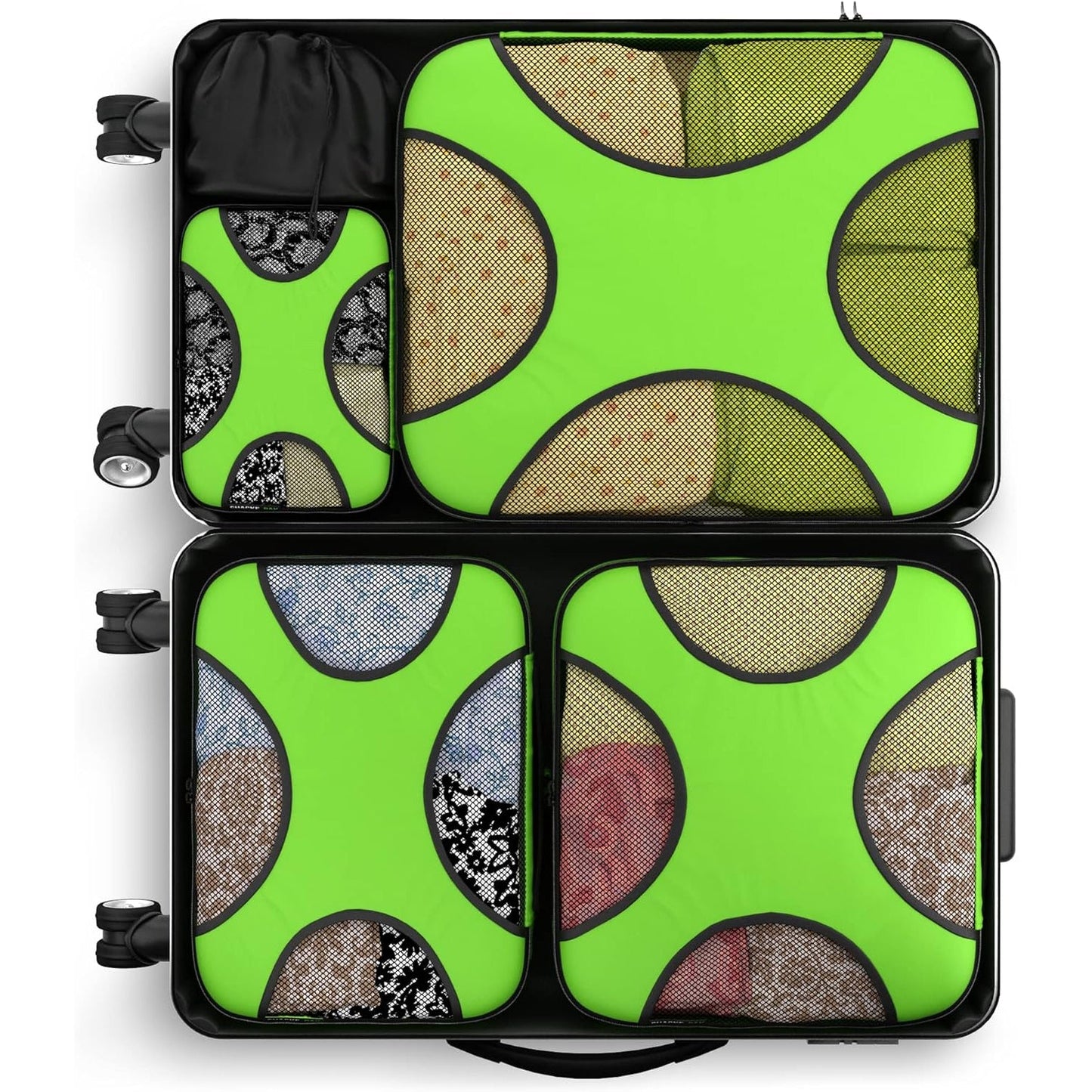 Travel Green Mesh 5 Set Packing Cube Organizers With Laundry Bag