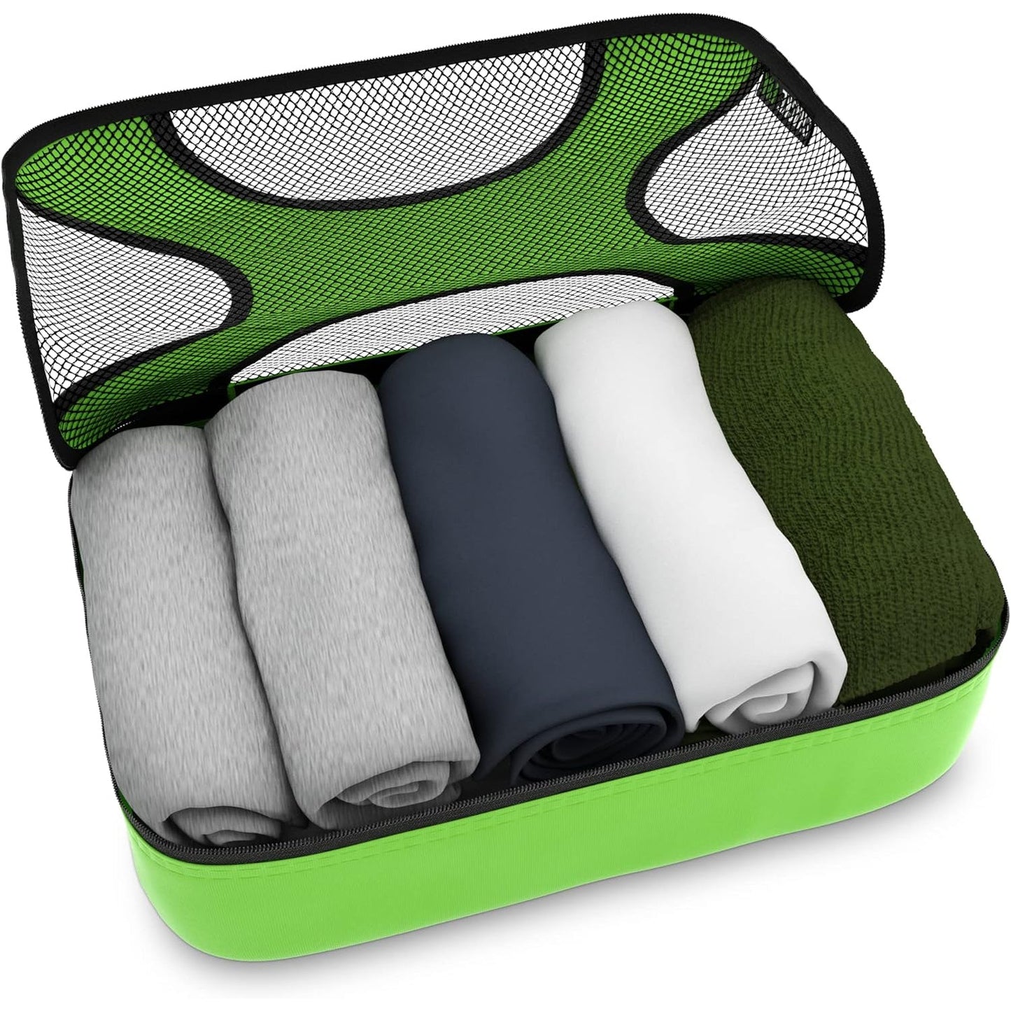 Travel Green Mesh 5 Set Packing Cube Organizers With Laundry Bag