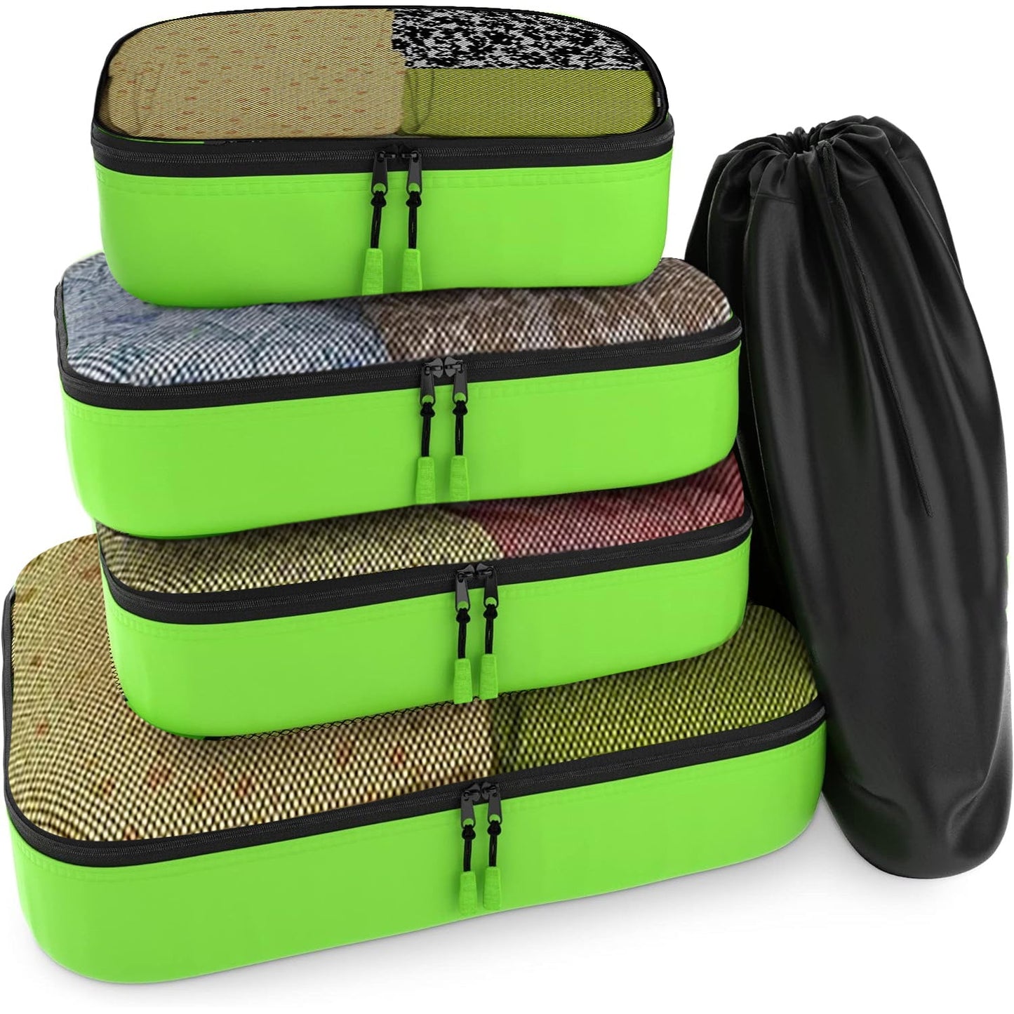 Travel Green Mesh 5 Set Packing Cube Organizers With Laundry Bag