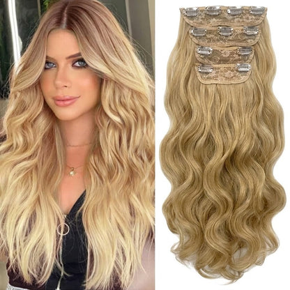 Clip in Long Wavy Synthetic Hair Extension 24 Inch 4PCS 220g Thick Hairpieces Fiber Double Weft Hair for Women – 23 Colors