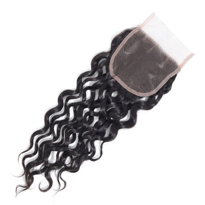 4x4 Water Wave Closure Free Part & Middle Part 100% Human Hair Closure – Transparent Lace, Natural Black