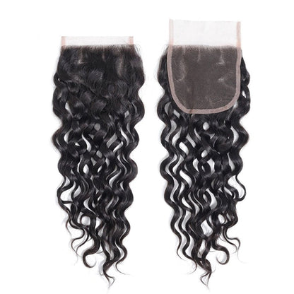 4x4 Water Wave Closure Free Part & Middle Part 100% Human Hair Closure – Transparent Lace, Natural Black