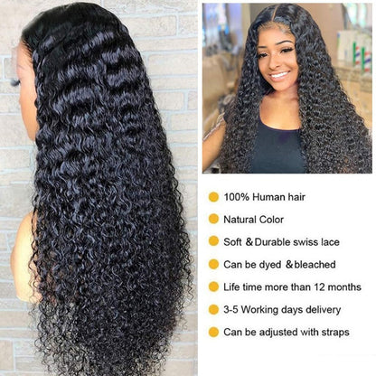 13x4 Lace Deep Wave Wig Frontal  Natural Black 100% Human Hair