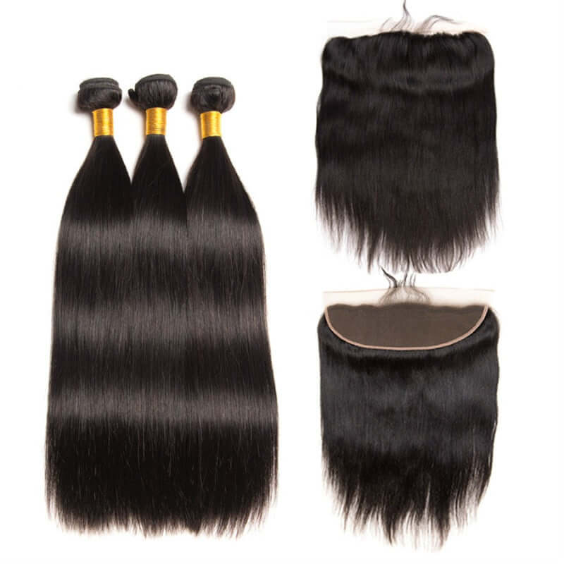 Ustar 7A Natural Black Virgin Straight Hair 3 Bundles with Frontal