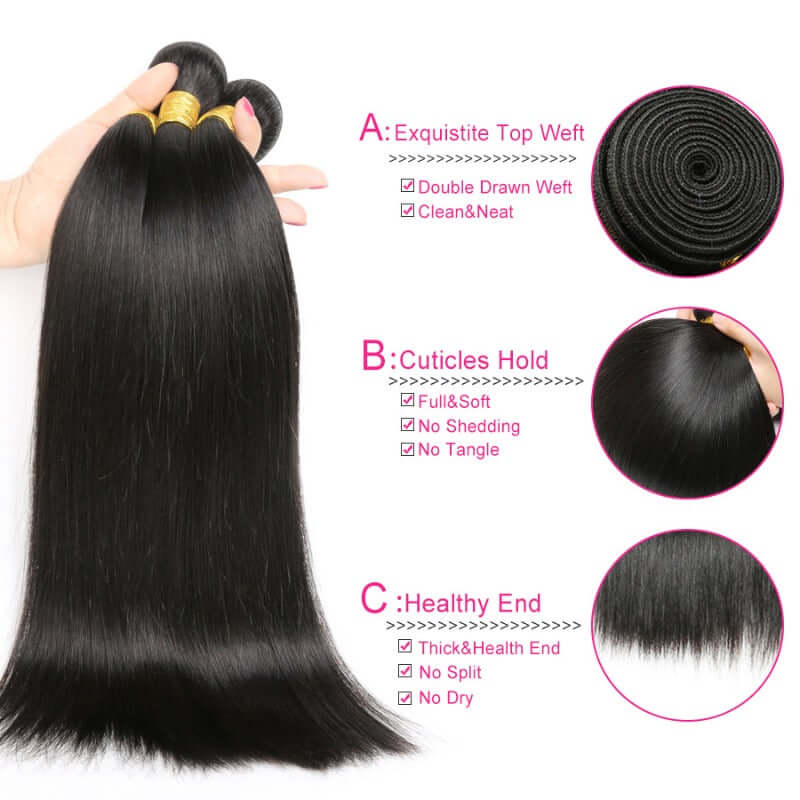 Ustar 7A Natural Black Virgin Straigh Hair 3 Bundles with 4 by 4 Lace Closure