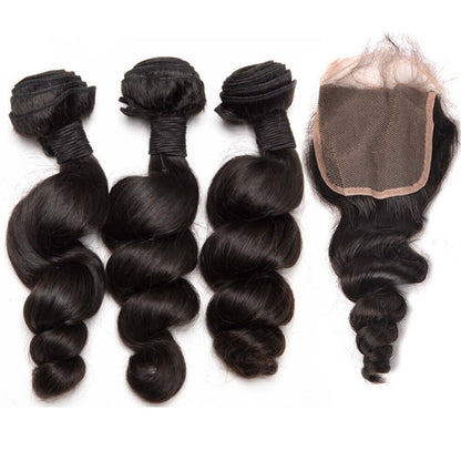Ustar 7A Natural Black Virgin Bouncy Loose Wave Hair 3 Bundles with 4 by 4 Lace Closure