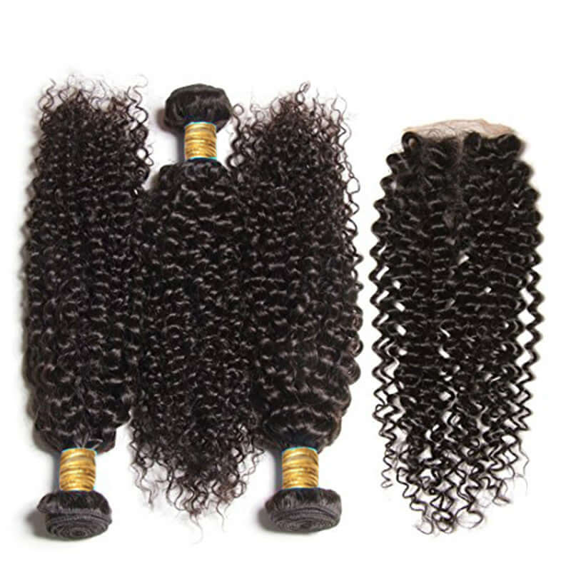Ustar 7A Natural Black Virgin Jerry Curl Hair 3 Bundles with 4 by 4 Lace Closure