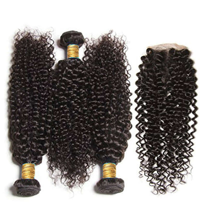 Ustar 7A Natural Black Virgin Jerry Curl Hair 3 Bundles with 4 by 4 Lace Closure
