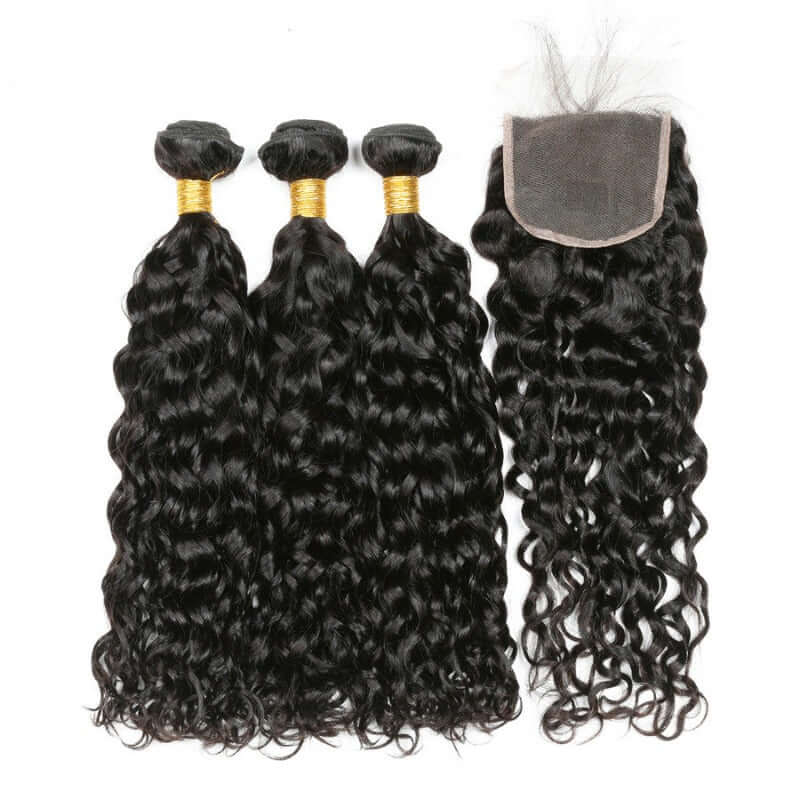 Ustar 7A Natural Black Virgin Water Wave (Natural Wave) Hair 3 Bundles with 4 by 4 Lace Closure