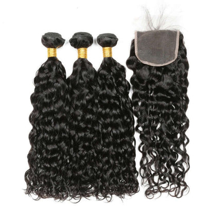 Ustar 7A Natural Black Virgin Water Wave (Natural Wave) Hair 3 Bundles with 4 by 4 Lace Closure