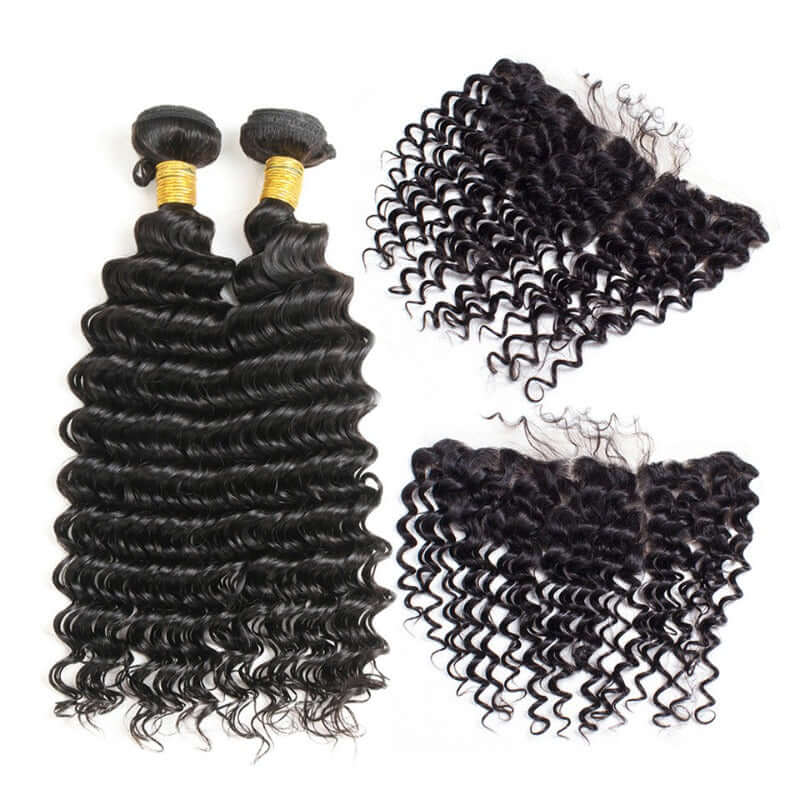 Ustar 7A Natural Black Virgin Deep Wave Hair 2 Bundles with Frontal