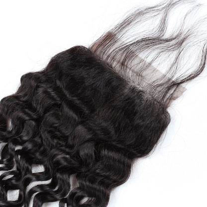 4x4 Water Wave Closure Free Part & Middle Part 100% Human Hair Closure – Transparent Lace, Natural Black