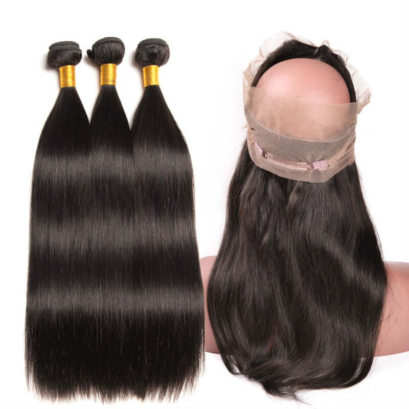 Ustar 7A Natural Black Virgin Straight Hair 3 Bundles with 360 Frontal