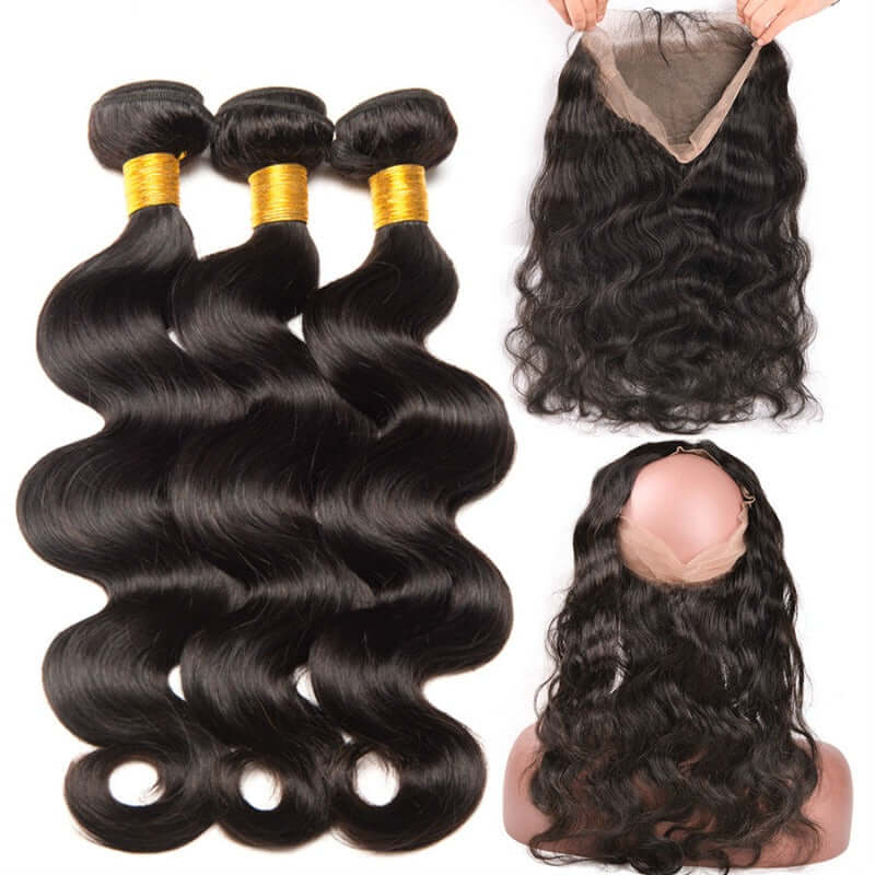 Ustar 7A Natural Black Virgin Body Wave Hair 3 Bundles with 360 Frontal