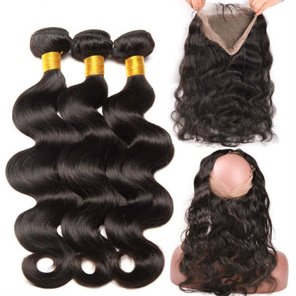 Ustar 7A Natural Black Virgin Body Wave Hair 3 Bundles with 360 Frontal