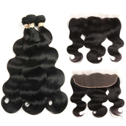 Ustar 7A Natural Black Virgin Body Wave Hair 3 Bundles with Frontal