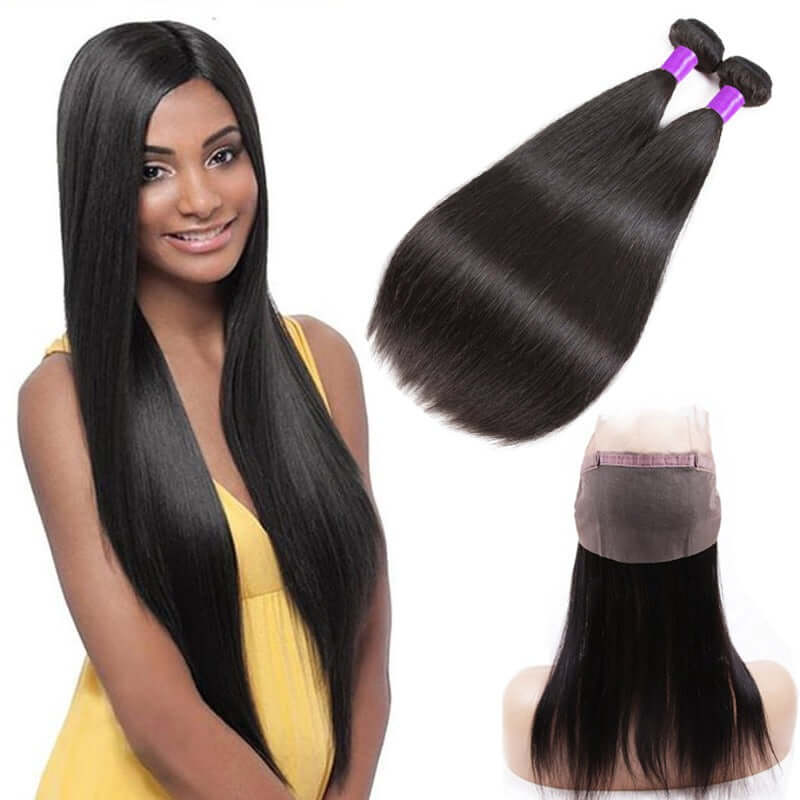 Ustar 7A Natural Black Virgin Stragiht Hair 2 Bundles with 360 Frontal