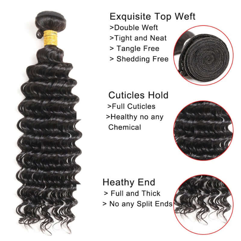 Ustar 7A Natural Black Virgin Deep Wave Hair 2 Bundles with Frontal