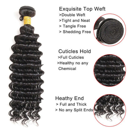 Ustar 7A Natural Black Virgin Deep Wave Hair 2 Bundles with Frontal